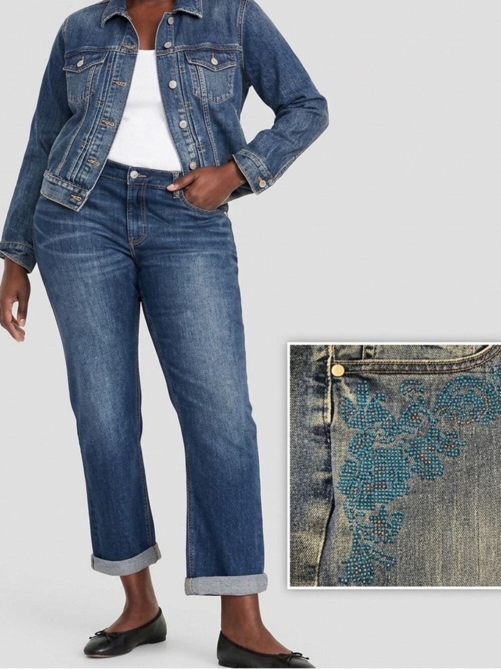 DC Jeans Plus Size 26 Medium Wash Embroidered Blue Flowers Slightly Curvy